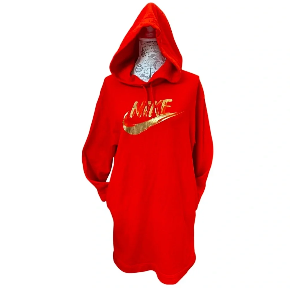 Nike Red Hoodie Dress Tunic Metallic Gold Swoosh Warm Fleece Lined